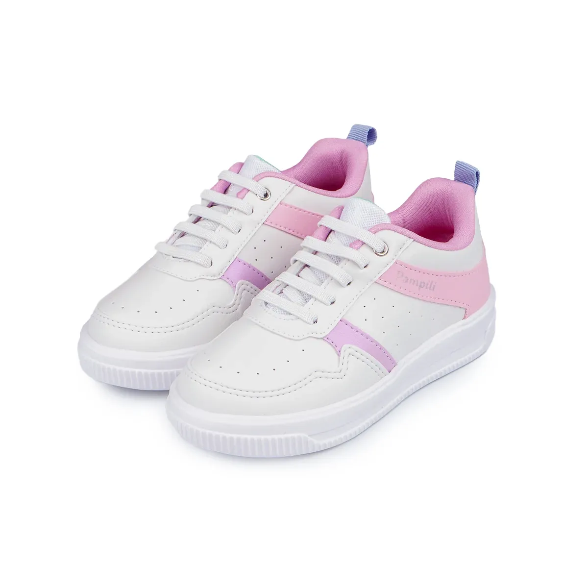 Tênis infantil Pampili Up branco com detalhes rosa em vista lateral